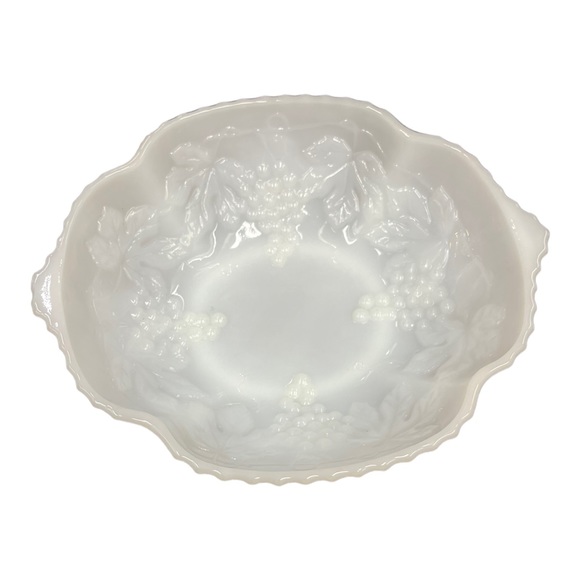 Milk Glass Bowl | Anchor Hocking Grape Leaves, Grapevine Glass Oval Serving Bowl - Picture 1 of 9